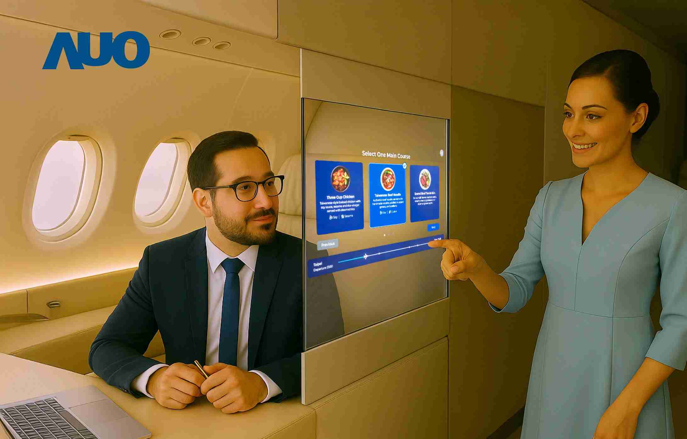 william威廉中文官网研发全球最薄17.3 吋双面透明 Micro LED 显示器，，，，可在同一屏幕之双边投射不同信息，，，创造独特的”透明化”互动；图为实时翻译交流应用情境